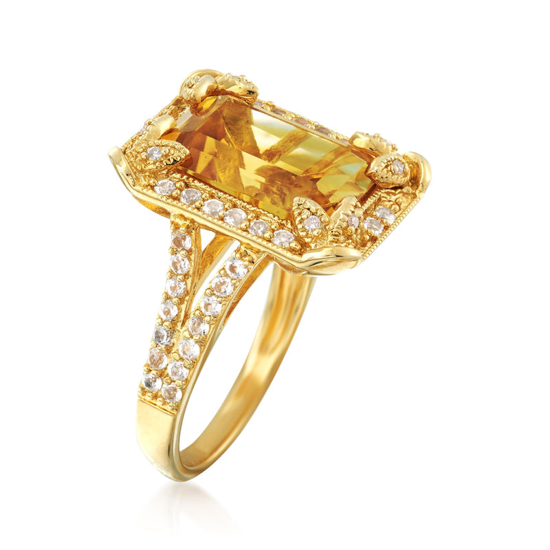 Citrine ring with white topaz and diamond accents in gold over sterling