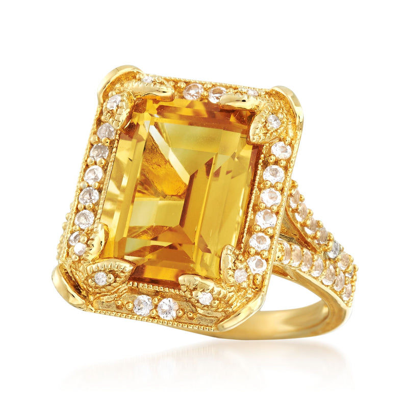 Gold over sterling ring with emerald-cut yellow citrine and diamond border