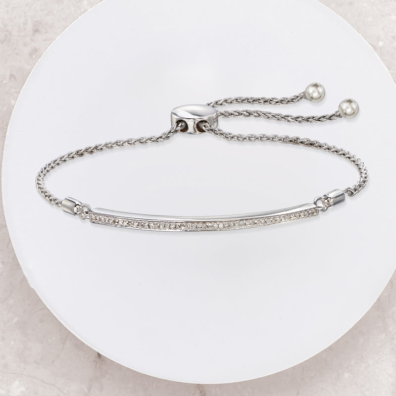 Sterling silver diamond bar bolo bracelet with adjustable chain