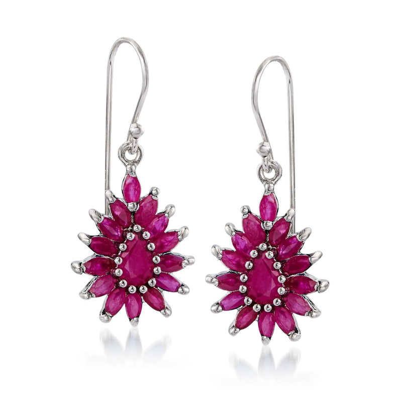 Sterling silver ruby cluster drop earrings on earwires with pink/red stone petals