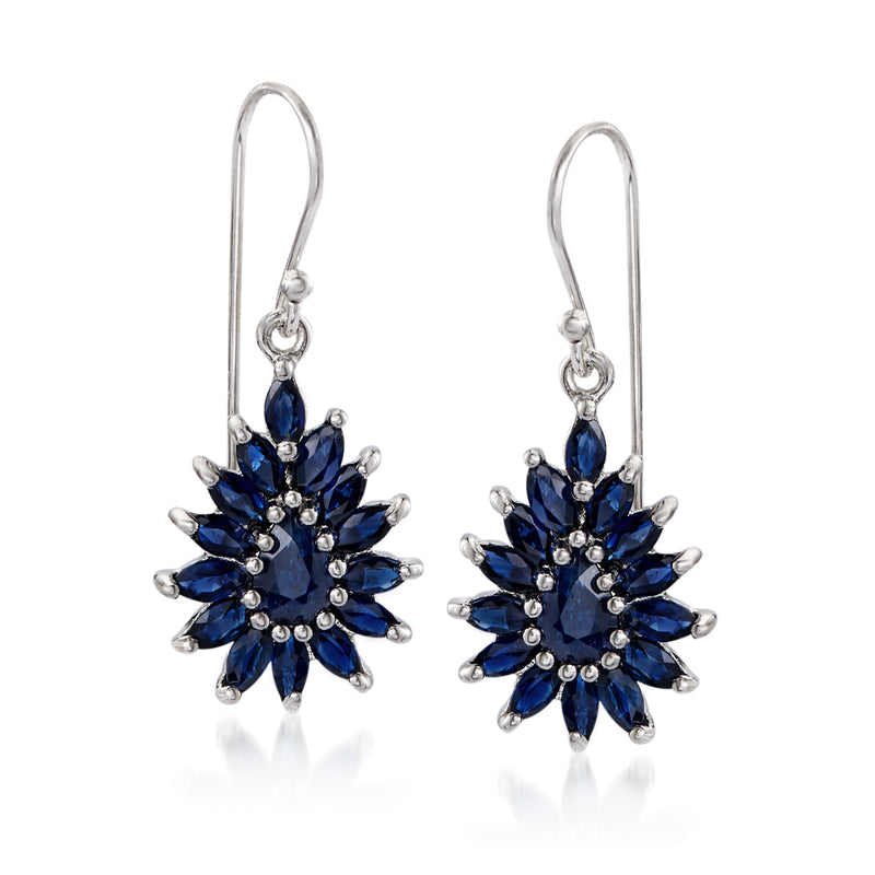 Sterling silver sapphire cluster drop earrings with blue stone flower, earwires