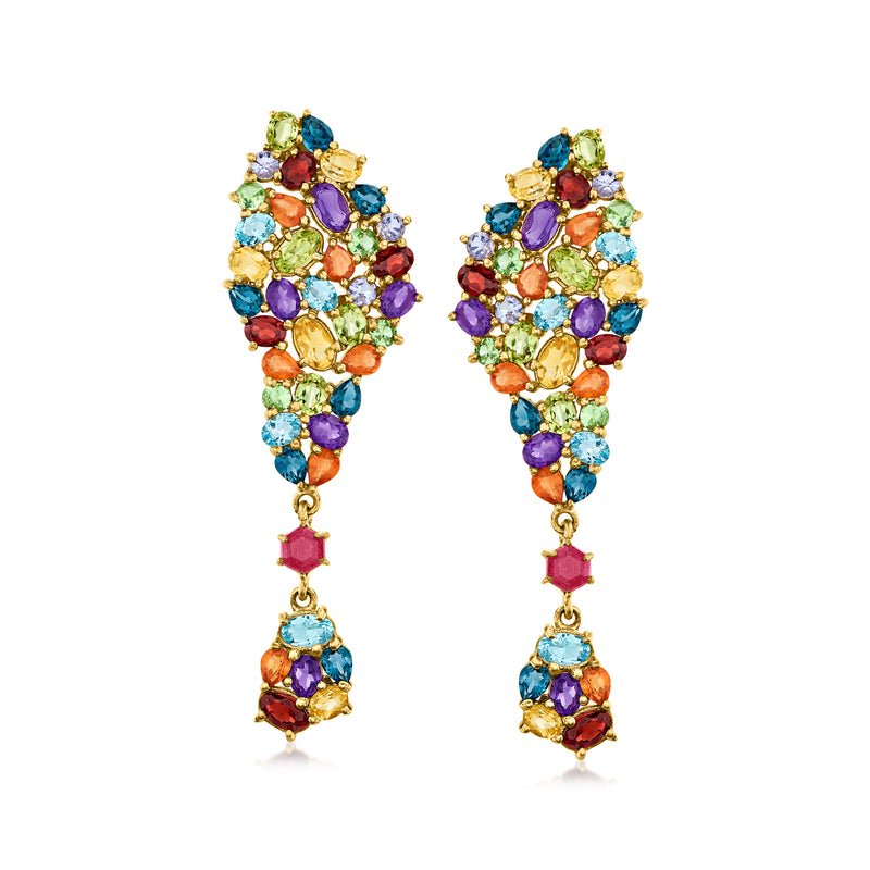 Gold-tone multi-gem cluster drop earrings with colorful round and oval stones