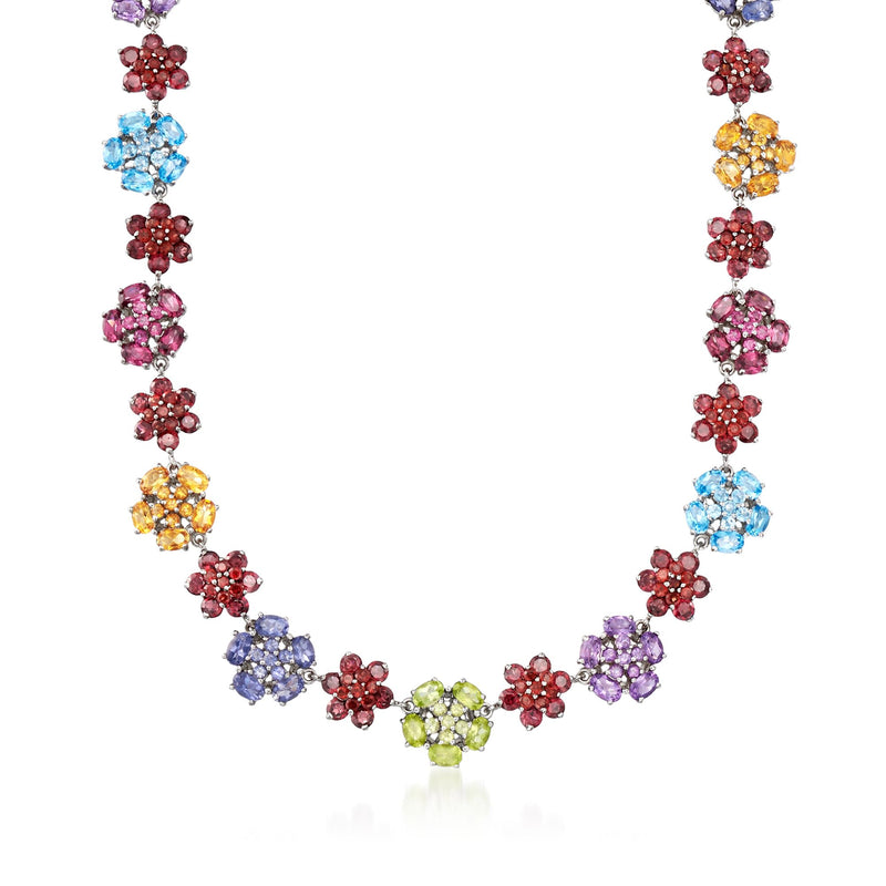 Sterling silver multi-stone floral necklace with colorful gemstone flower clusters