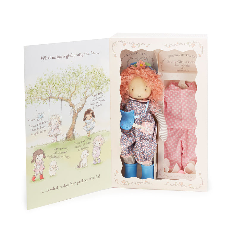 Bunnies by the Bay Rosie plush doll gift set in box, curly red hair, patterned outfit, blue legs