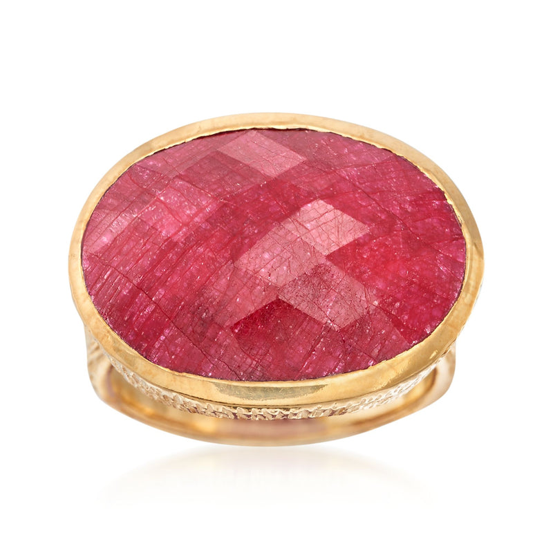 Gold over sterling ring with large oval red corundum gemstone