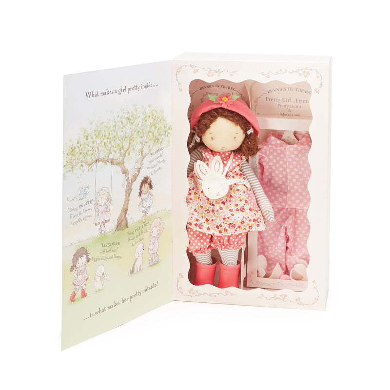 Plush doll gift set in box, girl doll with pink floral dress and hat