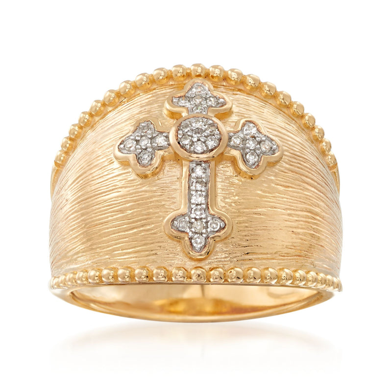 Gold cross ring with three round diamond-look stones