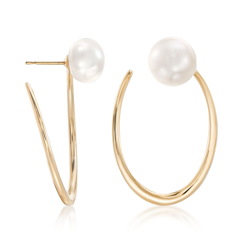 Gold hoop earrings with white cultured pearl studs at the front