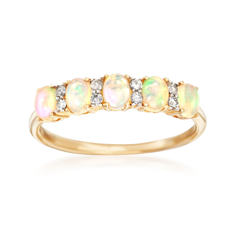 14kt yellow gold opal and diamond five-stone ring with oval opal center stones