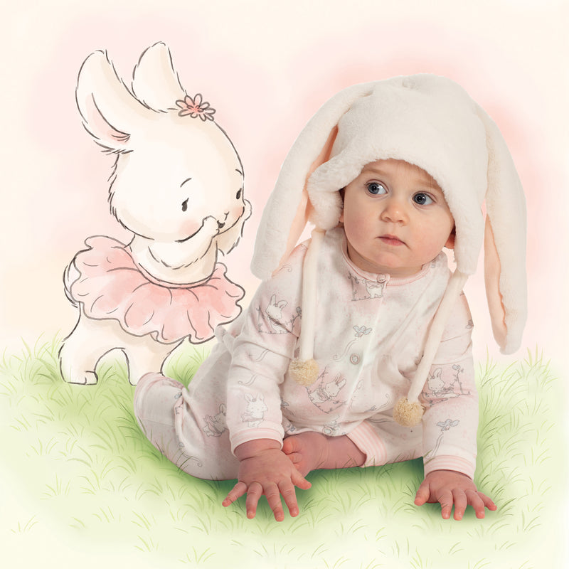Baby bunny-themed footed romper and bonnet set, pale pink with floral accents
