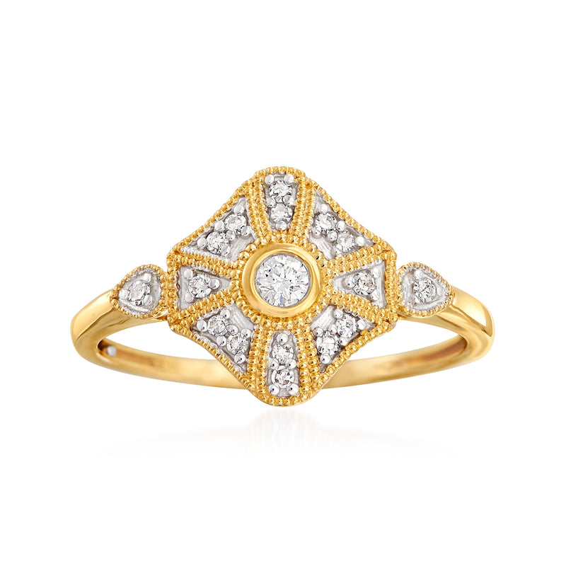 14kt yellow gold diamond ring with round center stone and four-arrow halo