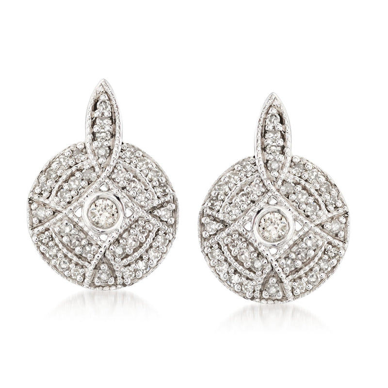 Sterling silver diamond circle stud earrings with ornate round halo design