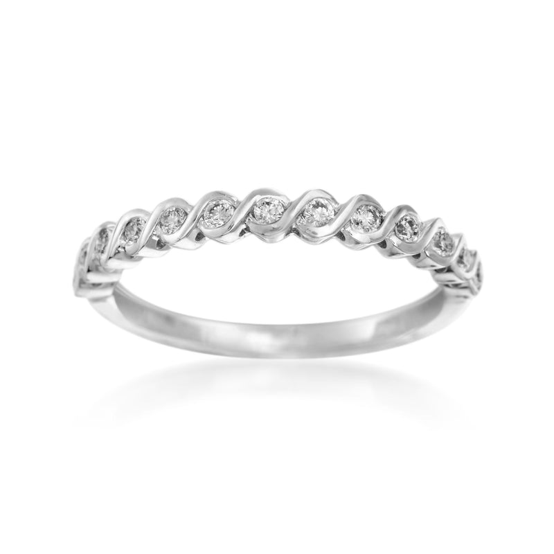14kt white gold diamond wedding ring with five round stones in a curved band