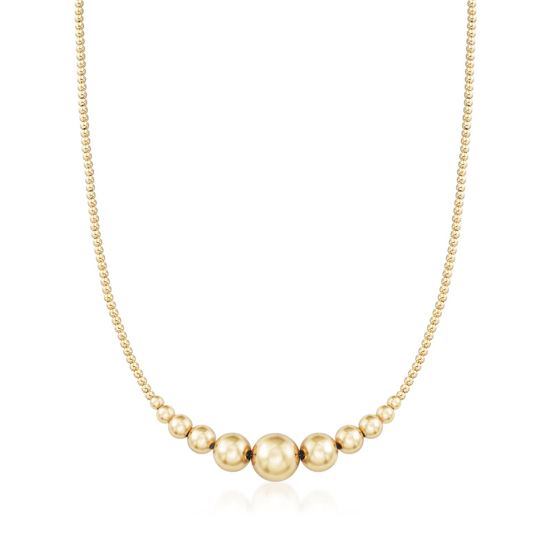 14kt yellow gold graduated bead necklace with spherical beads, small to large at center