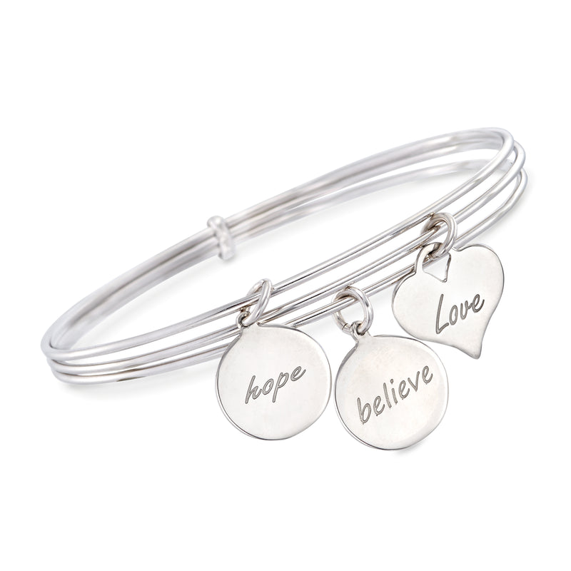 Sterling silver bangle set with three linked heart charms: hope, believe, love