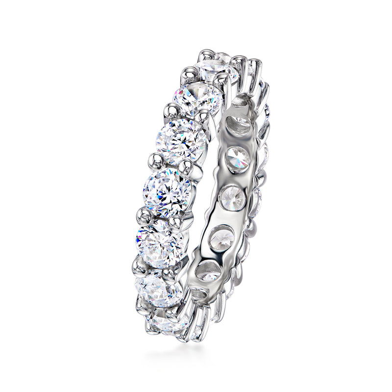 Sterling silver CZ eternity band side view with raised round stones