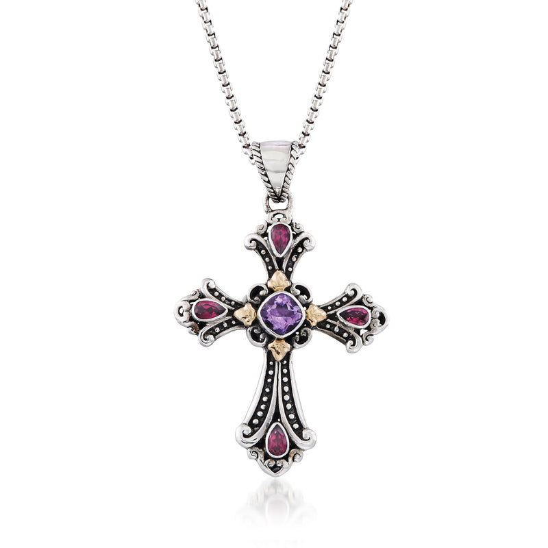 Sterling silver cross pendant necklace with purple gemstone center, pink side stones, gold accents