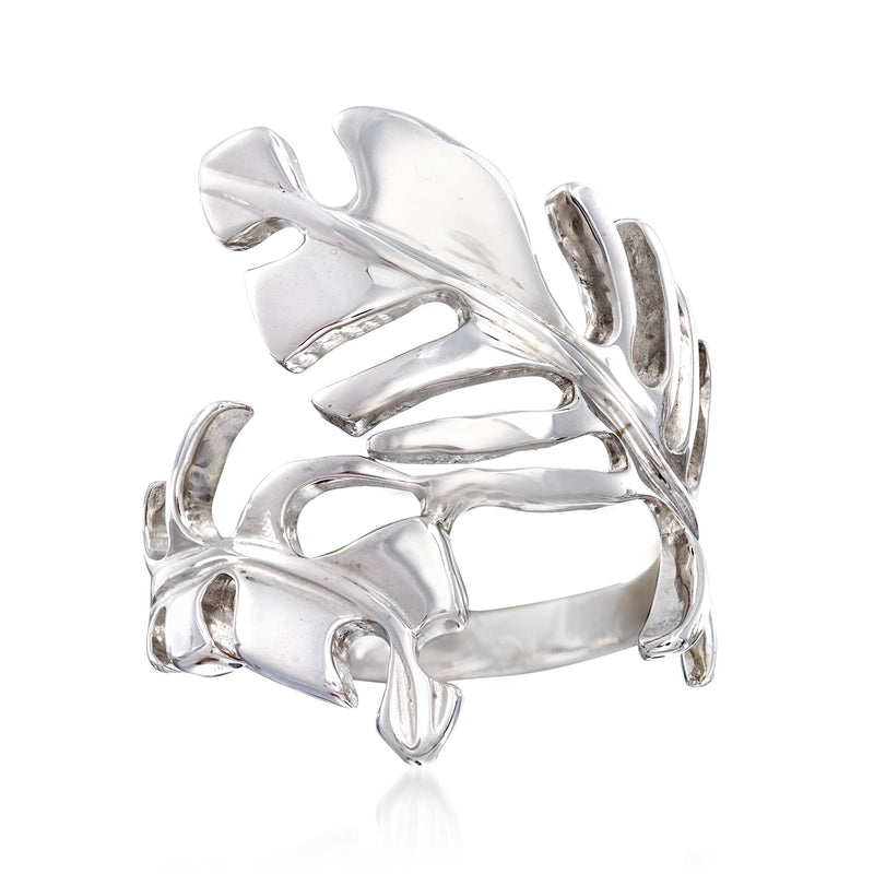 Sterling silver leaf bypass ring with polished openwork leaf design