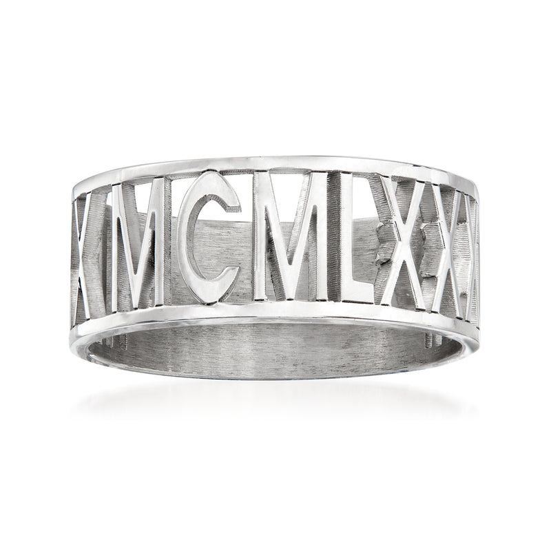 Sterling silver ring with engraved Roman numerals on a wide band