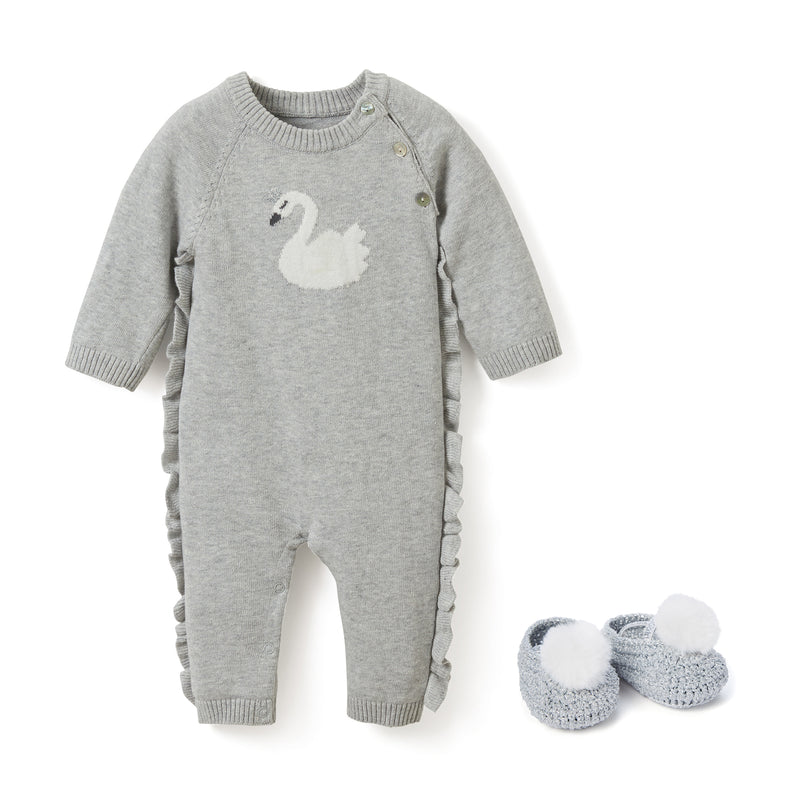 Grey baby swan onesie footie with long sleeves, buttons, and matching knit booties