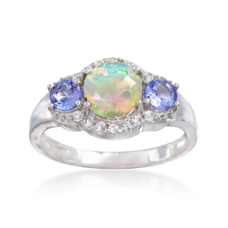 Sterling silver ring with oval opal center, blue and lavender gemstones, halo accents