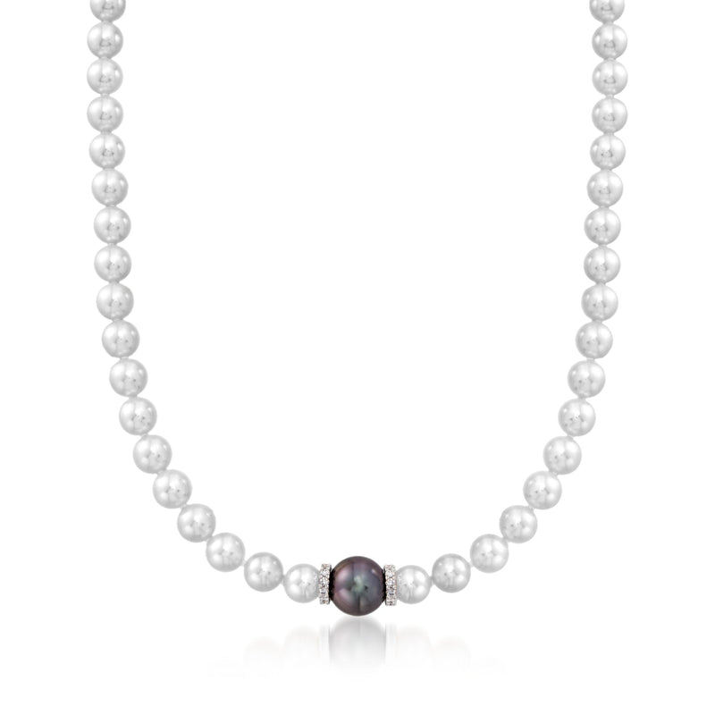 Pearl necklace with white round pearls and a dark round South Sea center pearl on white gold