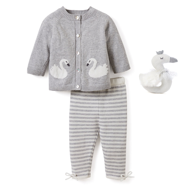 Baby swan 3-piece set: gray snap cardigan, striped pants, plush toy
