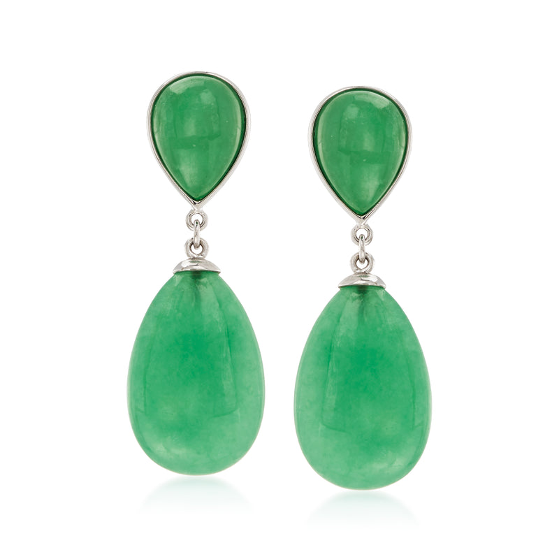 Sterling silver jade green pear-shaped drop earrings, teardrop dangles