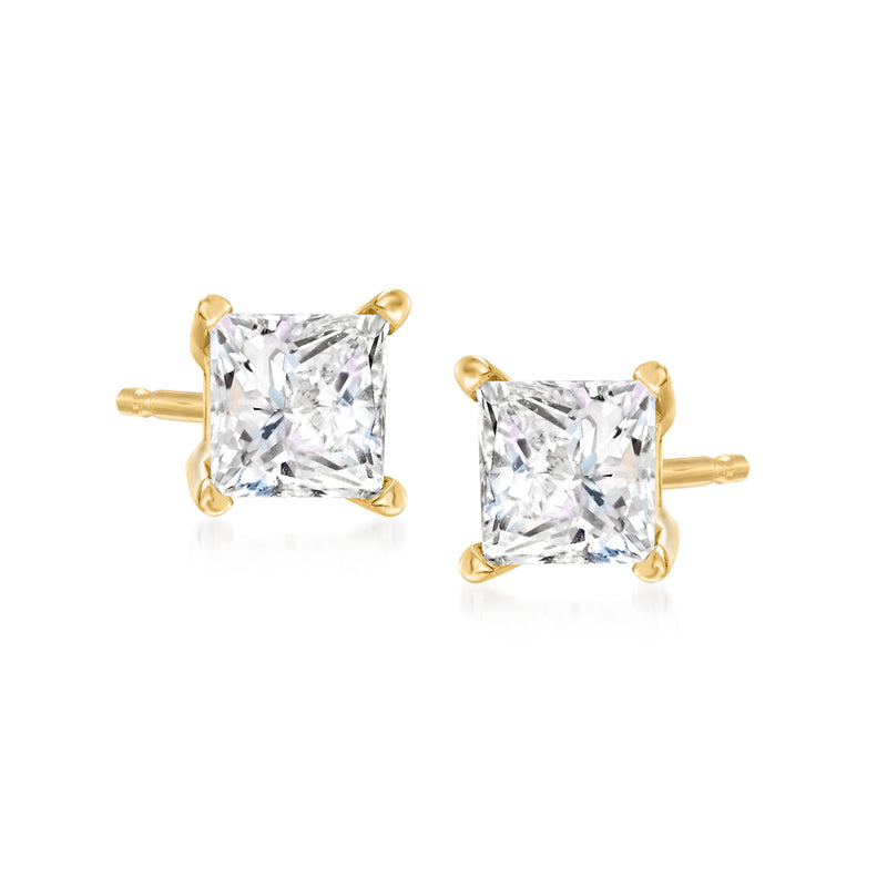 14kt yellow gold princess-cut CZ stud earrings with square stones