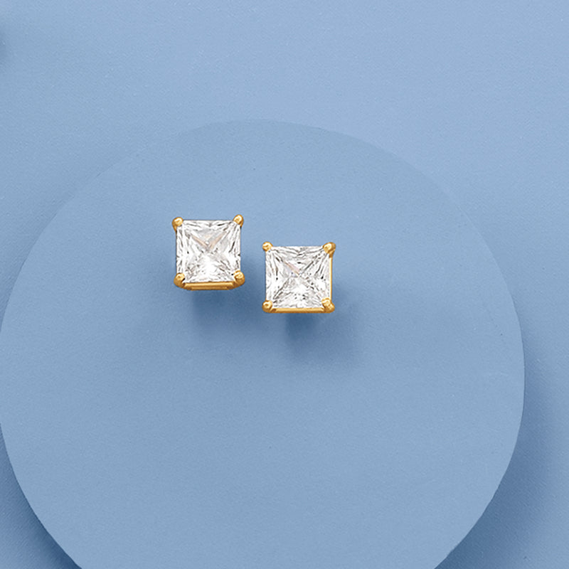 Yellow gold CZ stud earrings, square princess-cut stones in prong settings