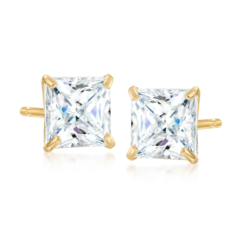 14kt yellow gold princess-cut CZ stud earrings with square crystal centers