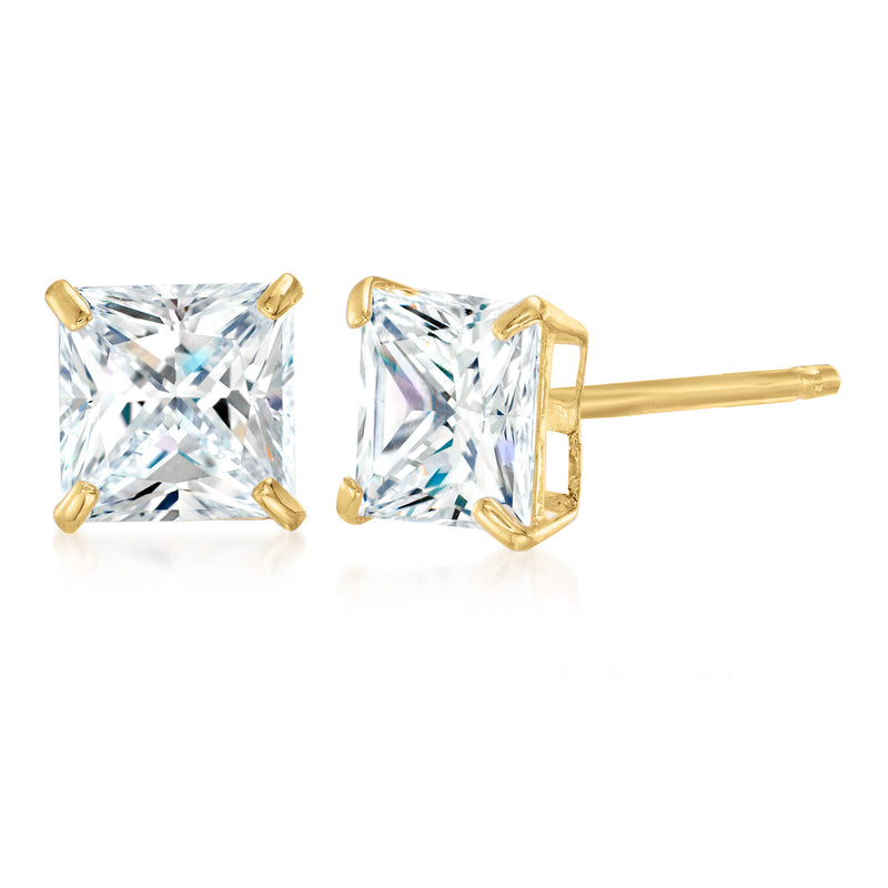 14kt yellow gold princess-cut CZ stud earrings, side view with square crystal