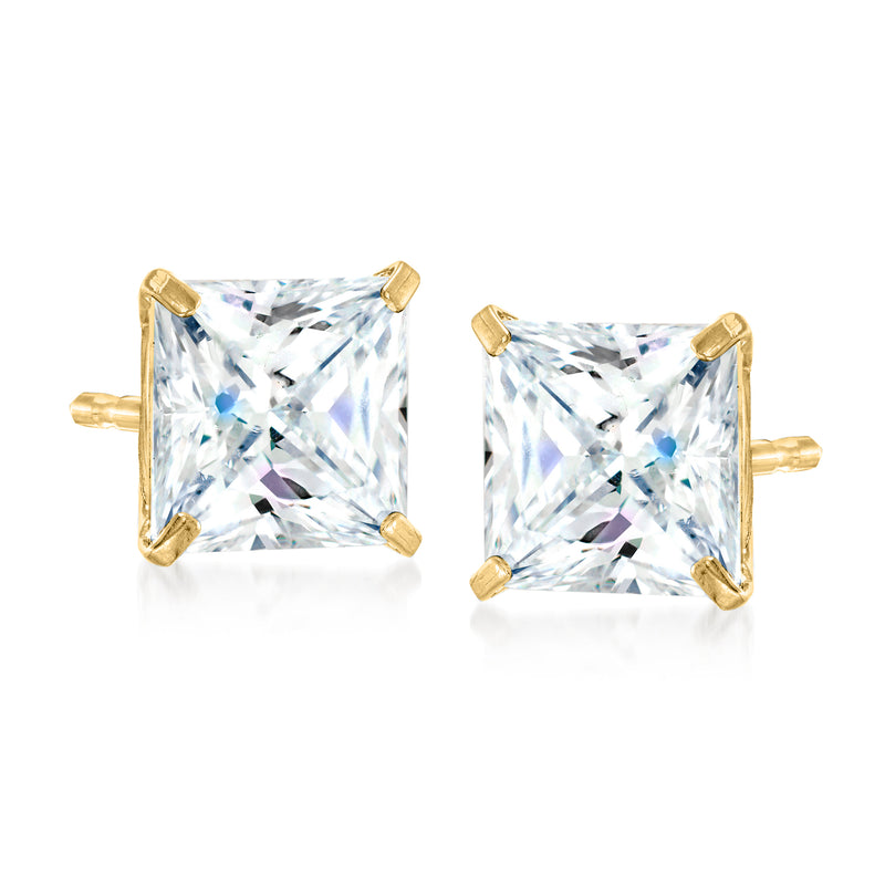 Princess-cut CZ stud earrings in 14kt yellow gold, square stones in gold prongs