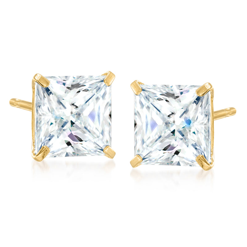 Princess-cut CZ stud earrings in 14kt yellow gold, square crystal with four-prong setting