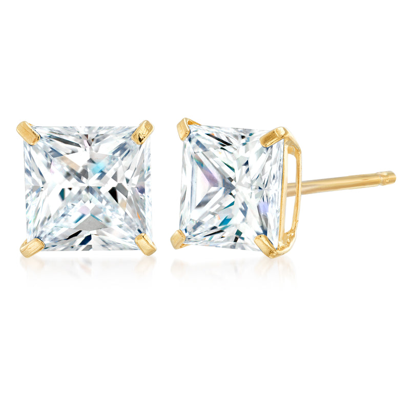 Princess-cut CZ stud earrings in 14kt yellow gold, square crystal with prongs and post