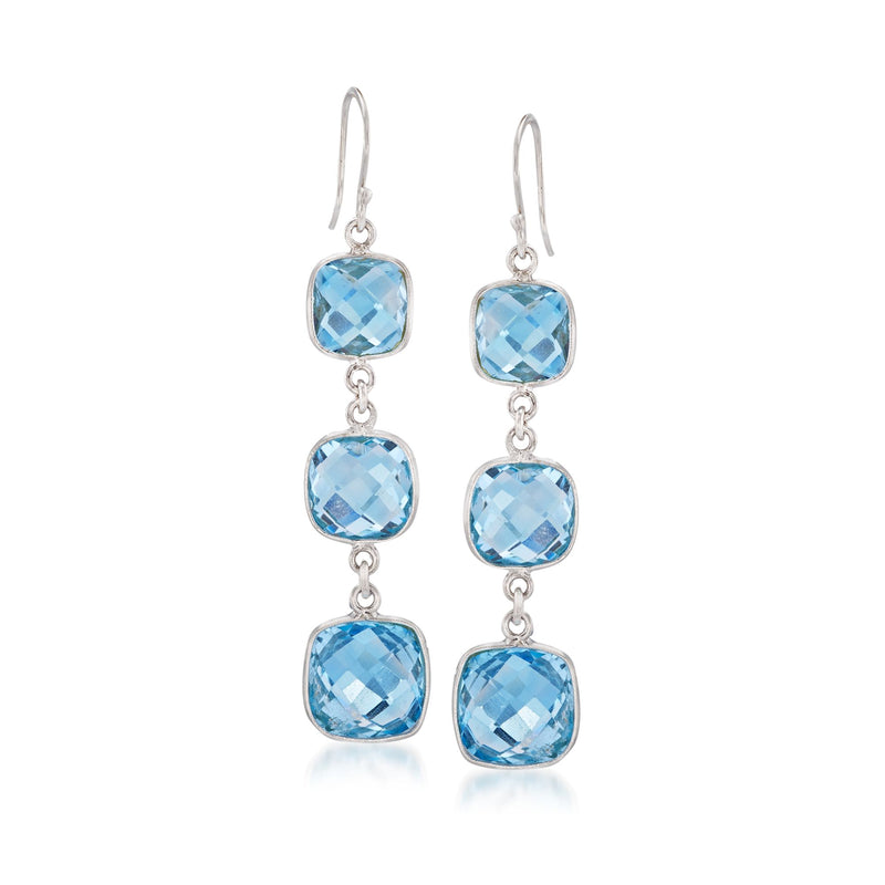 Sterling silver blue topaz drop earrings, three blue square stones, earwire hooks