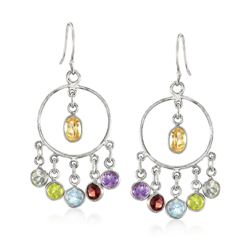 Sterling silver open-circle dangle earrings with multicolor gemstone drops