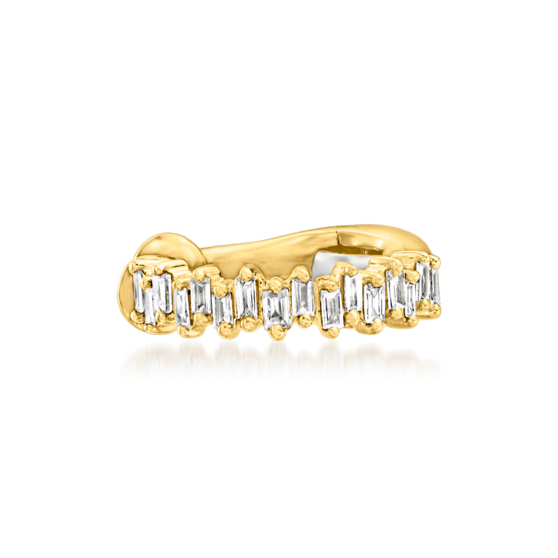 14kt yellow gold baguette diamond single ear cuff with a row of rectangular stones
