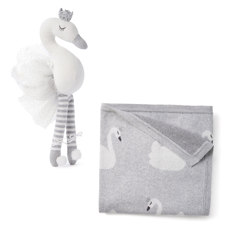 Swan plush doll with gray striped legs and matching swan blanket