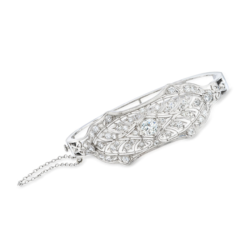 14kt white gold vintage diamond openwork bangle bracelet with floral filigree