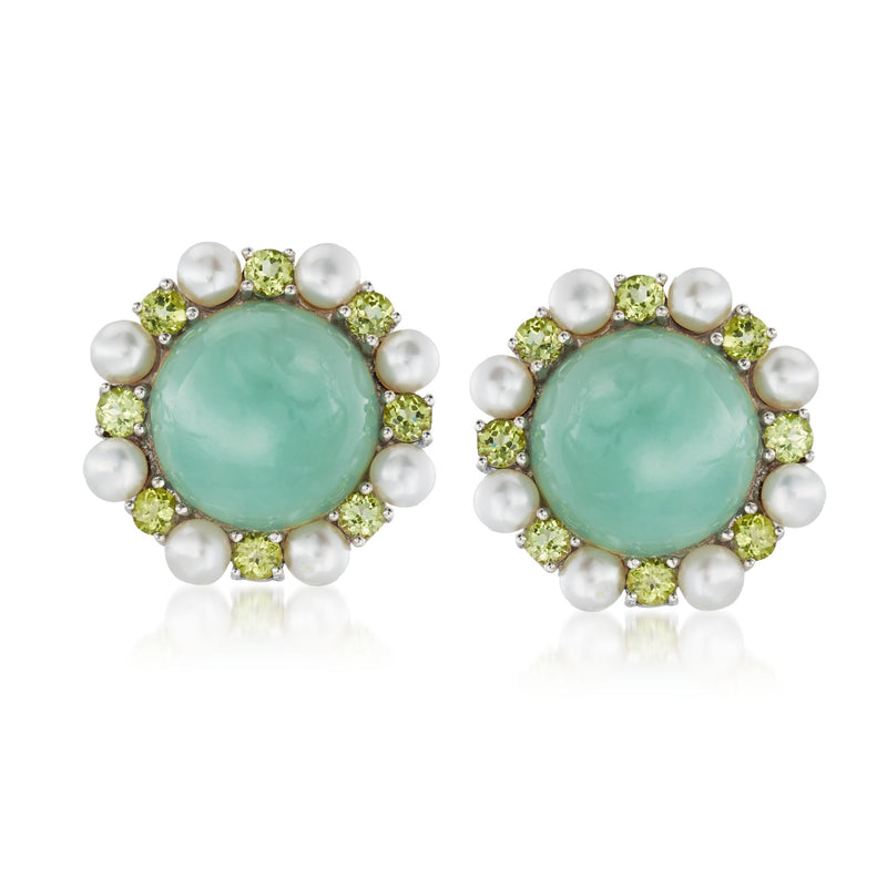 Sterling silver jade pearl stud earrings with peridot green stones and white pearls