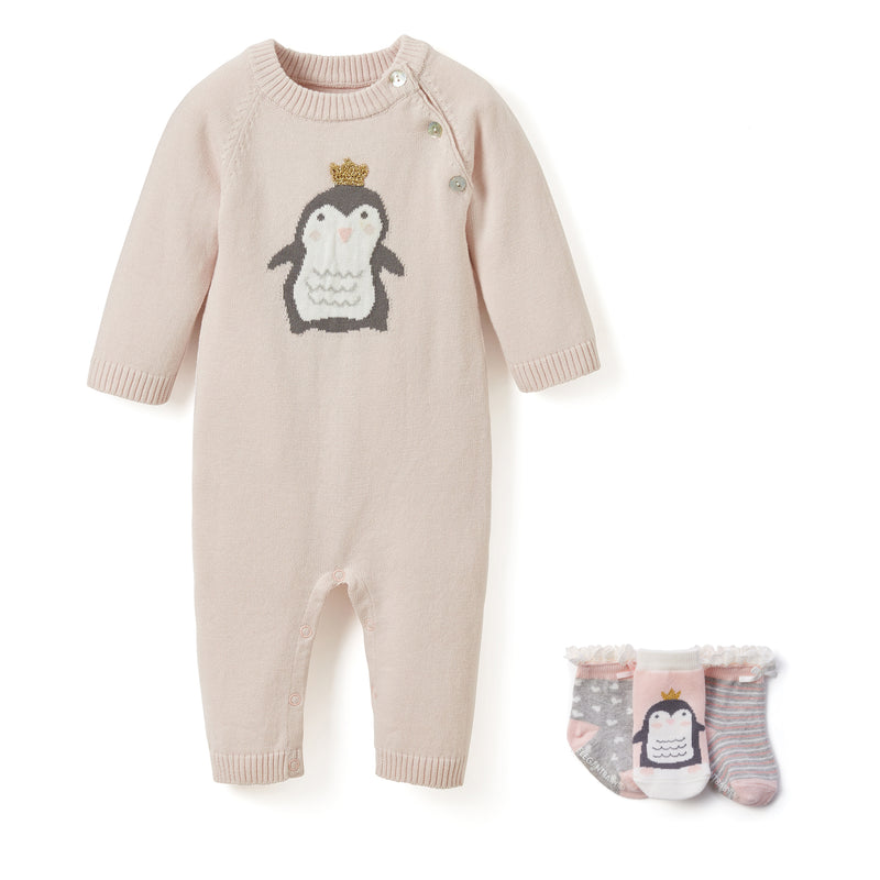 Light beige baby penguin knit romper with long sleeves and matching socks set