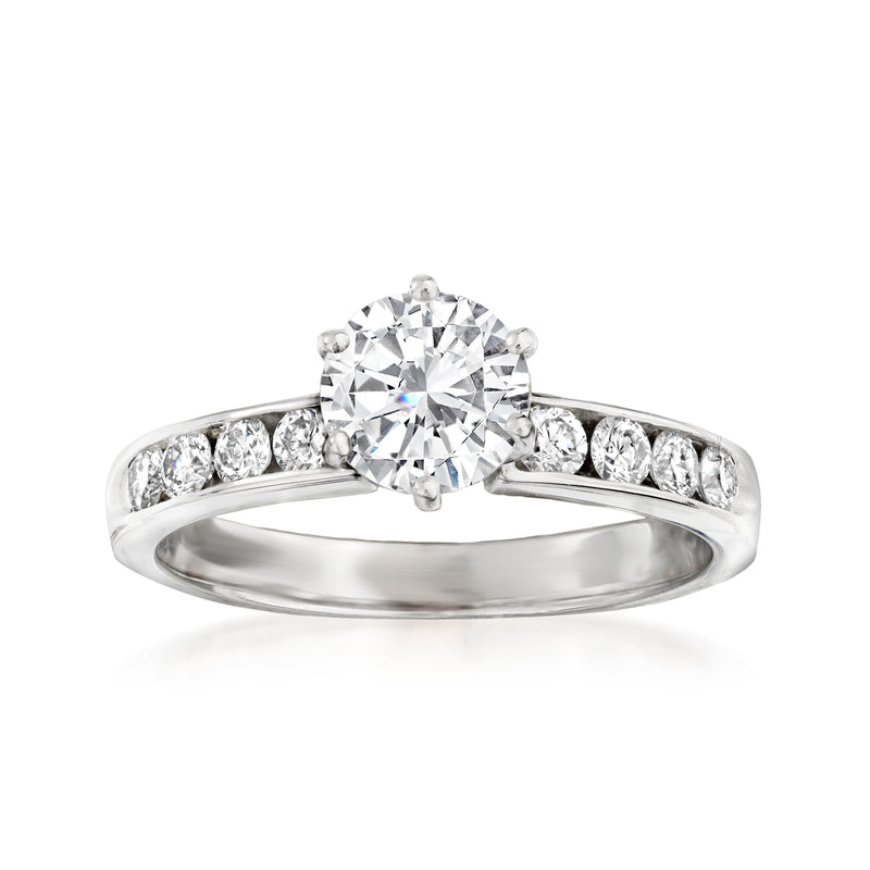 14kt white gold diamond solitaire ring with round center stone and side pave diamonds
