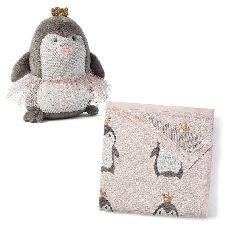 Baby plush penguin doll in tutu with matching penguin print blanket
