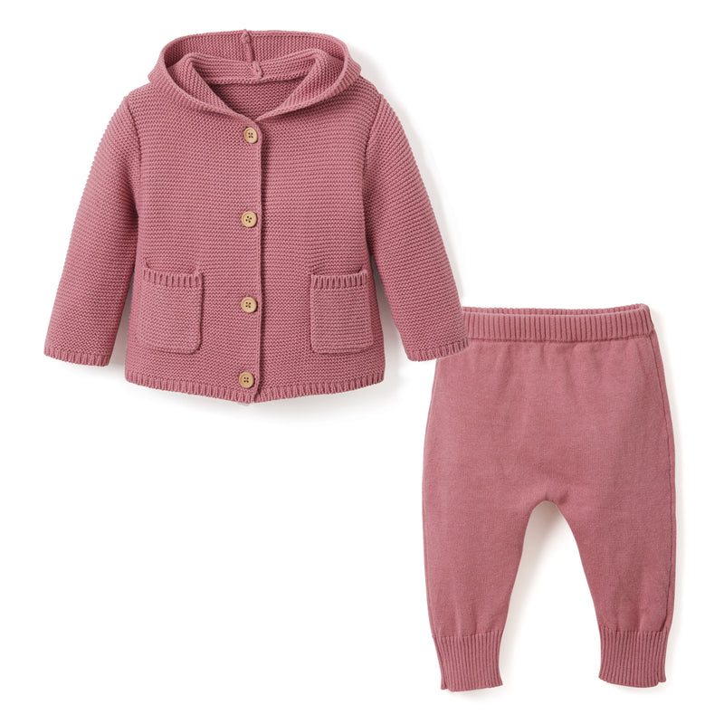 Baby mauve knit hooded button-front sweater and jogger pants set