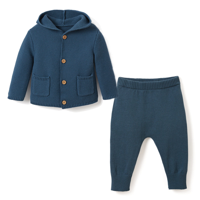 Baby knit sweater hoodie set in dark teal with button placket, patch pockets, and matching pants