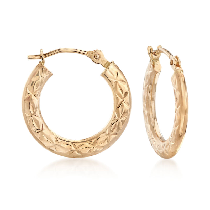 14kt yellow gold star-pattern hoop earrings with textured oval profile
