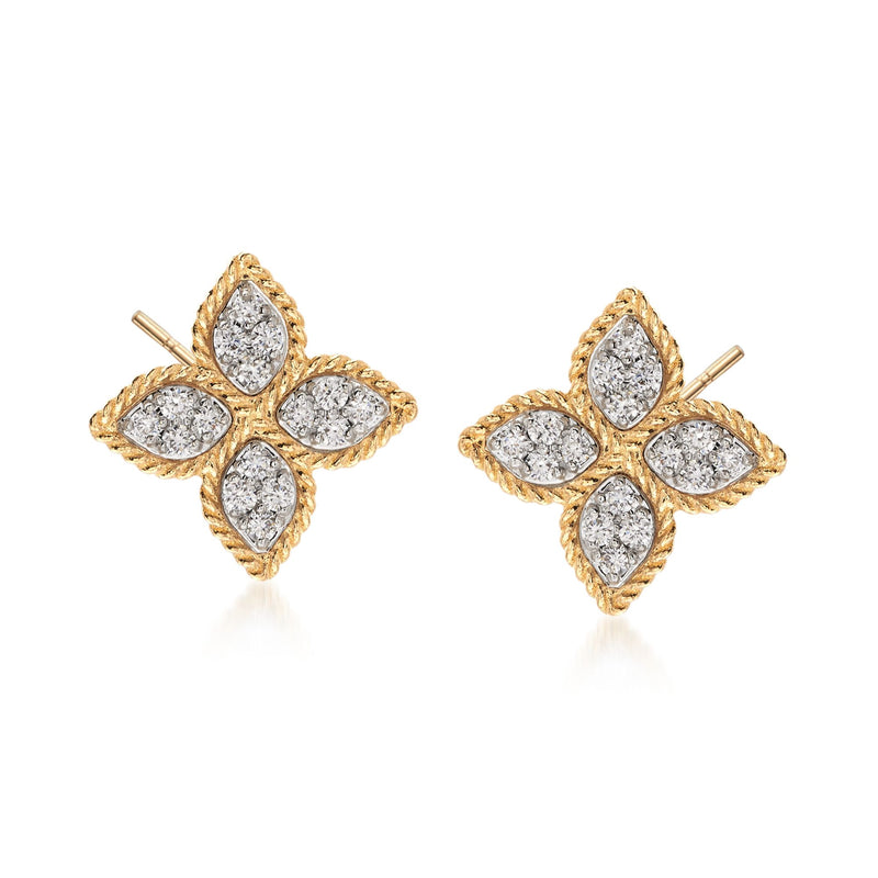 18kt yellow gold diamond flower stud earrings with five pear-shaped stones