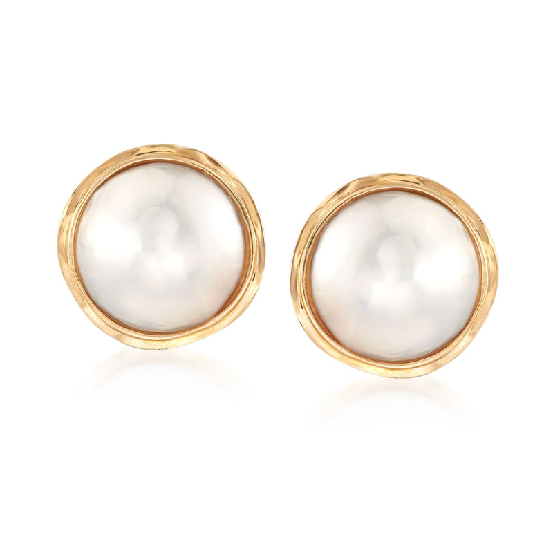 14kt yellow gold bezel mabe pearl stud earrings, round