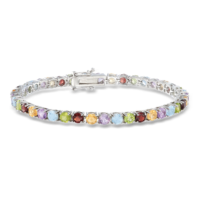 Sterling silver tennis bracelet with multi-colored oval gemstones, hinged box clasp